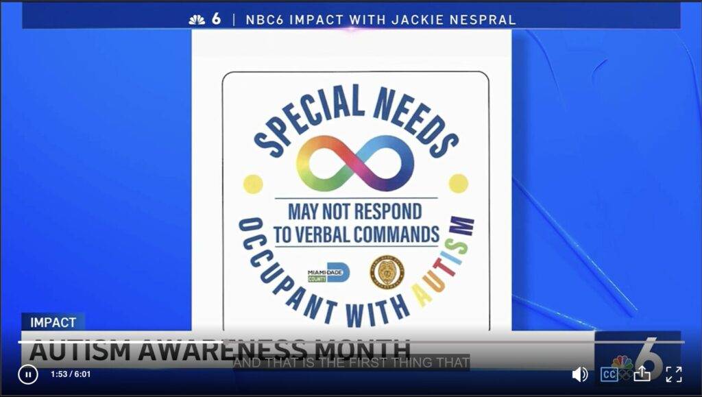 Special Needs decal promoted by Miami-Dade during Autism Awareness Month, indicating occupants may not respond to verbal commands.